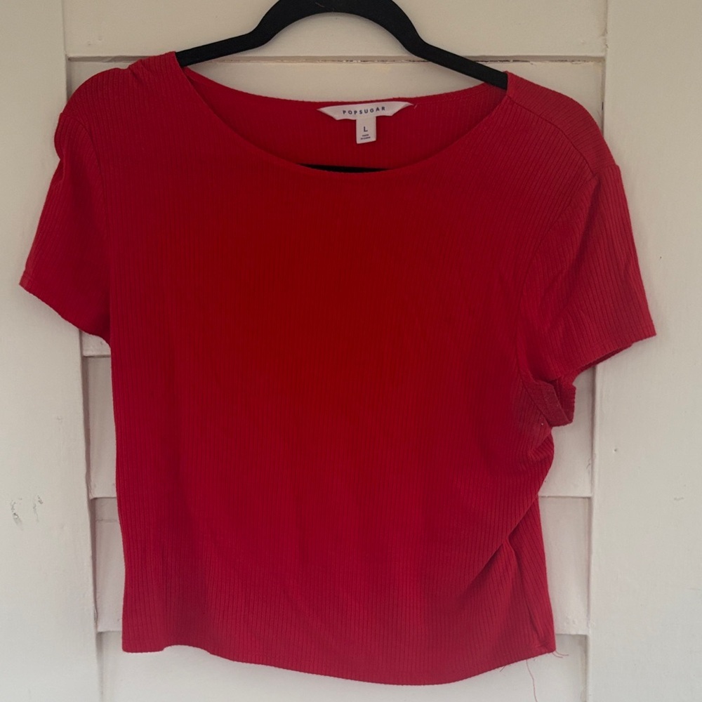 POPSUGAR Red Ribbed Crewneck Short Sleeve Top